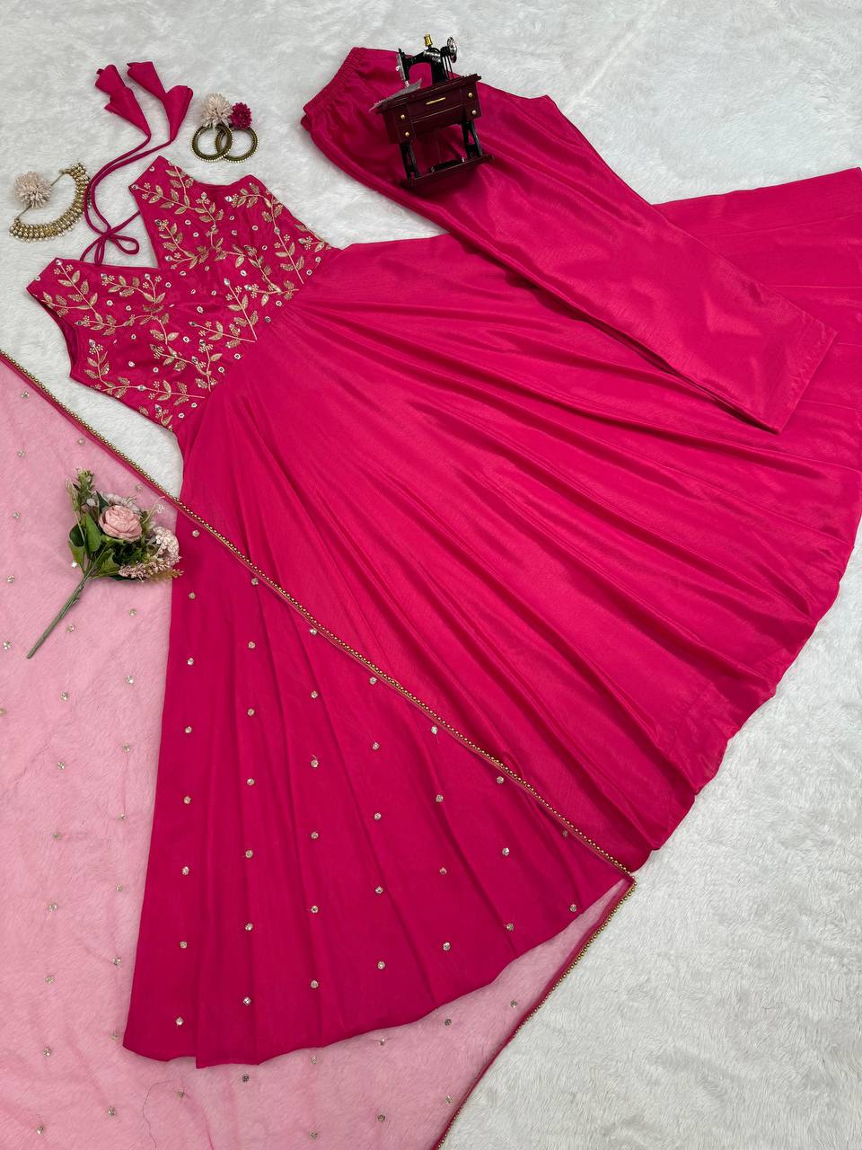 Dark Pink Elegant Chinon Silk Ensemble – Luxe Thread & Sequin Work ClothsVilla