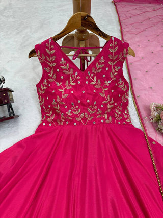 Dark Pink Elegant Chinon Silk Ensemble – Luxe Thread & Sequin Work ClothsVilla