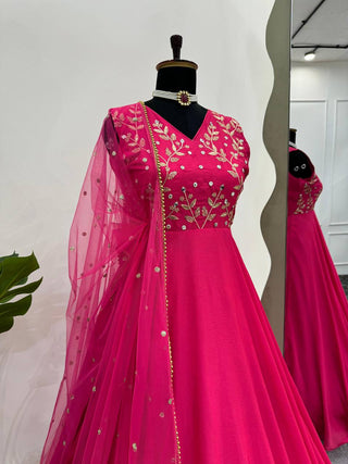 Dark Pink Elegant Chinon Silk Ensemble – Luxe Thread & Sequin Work ClothsVilla