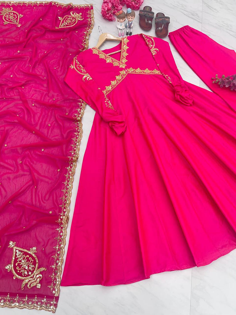 Dark Pink Elegant Designer Party Wear Alia Cut Gown with Palazzo & Dupatta – Perfect Festive Look ClothsVilla