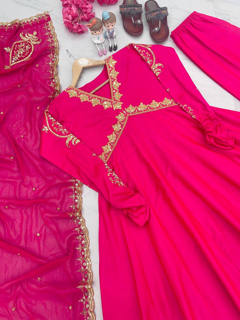 Dark Pink Elegant Designer Party Wear Alia Cut Gown with Palazzo & Dupatta – Perfect Festive Look ClothsVilla