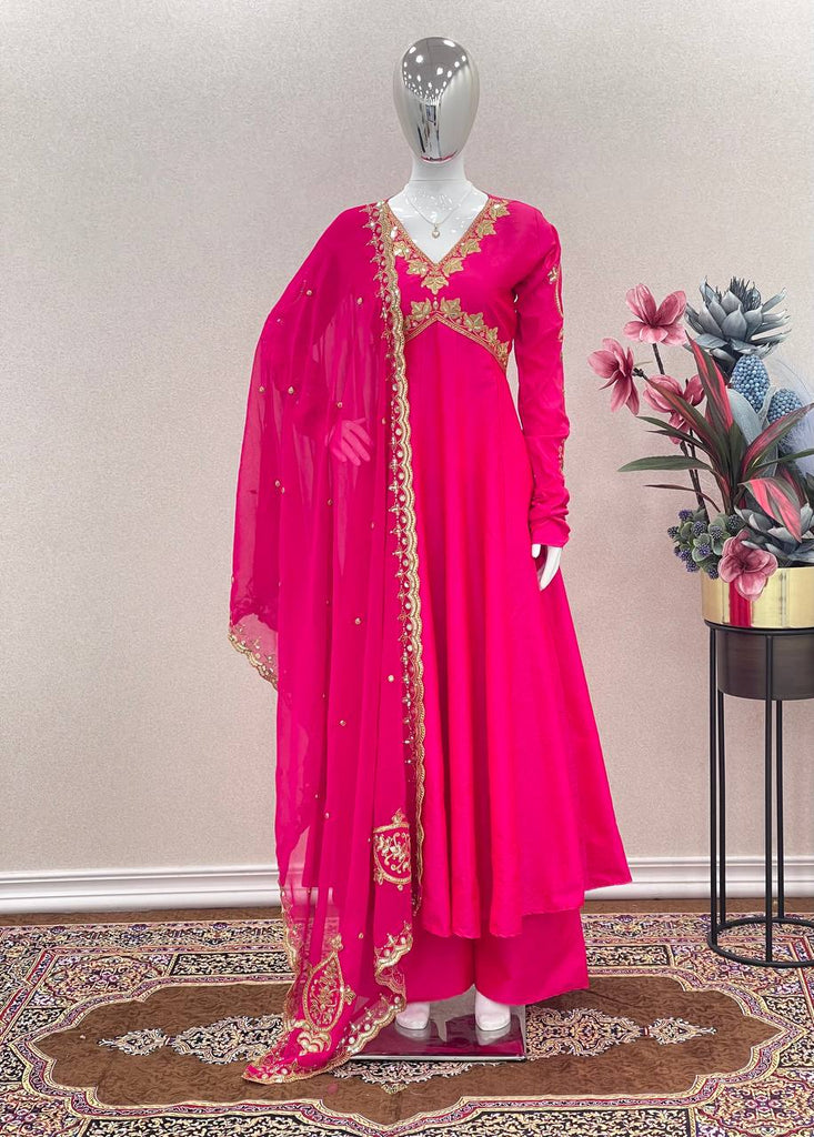 Dark Pink Elegant Designer Party Wear Alia Cut Gown with Palazzo & Dupatta – Perfect Festive Look ClothsVilla