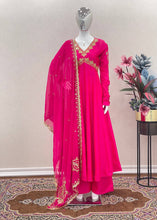 Load image into Gallery viewer, Dark Pink Elegant Designer Party Wear Alia Cut Gown with Palazzo &amp; Dupatta – Perfect Festive Look ClothsVilla