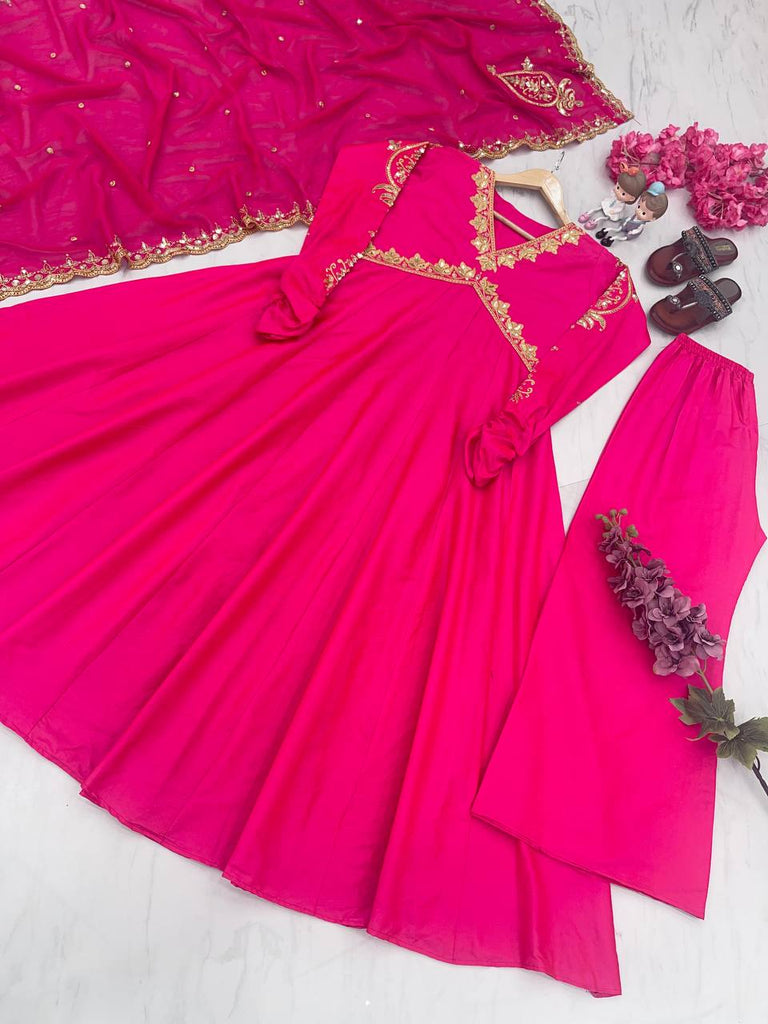 Dark Pink Elegant Designer Party Wear Alia Cut Gown with Palazzo & Dupatta – Perfect Festive Look ClothsVilla