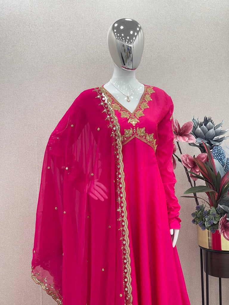 Dark Pink Elegant Designer Party Wear Alia Cut Gown with Palazzo & Dupatta – Perfect Festive Look ClothsVilla