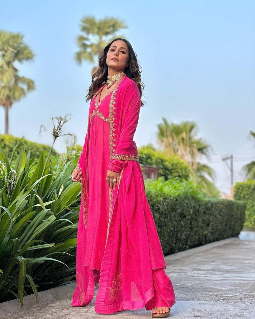 Dark Pink Elegant Designer Party Wear Alia Cut Gown with Pal Dark Pink Elegant Designer Party Wear Alia Cut Gown with Pal