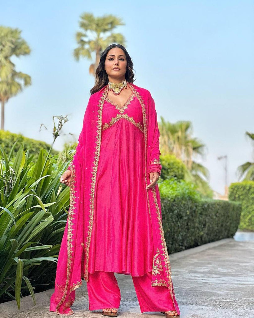 Dark Pink Elegant Designer Party Wear Alia Cut Gown with Palazzo & Dupatta – Perfect Festive Look ClothsVilla