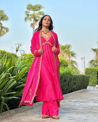 Dark Pink Elegant Designer Party Wear Alia Cut Gown with Palazzo & Dupatta – Perfect Festive Look ClothsVilla