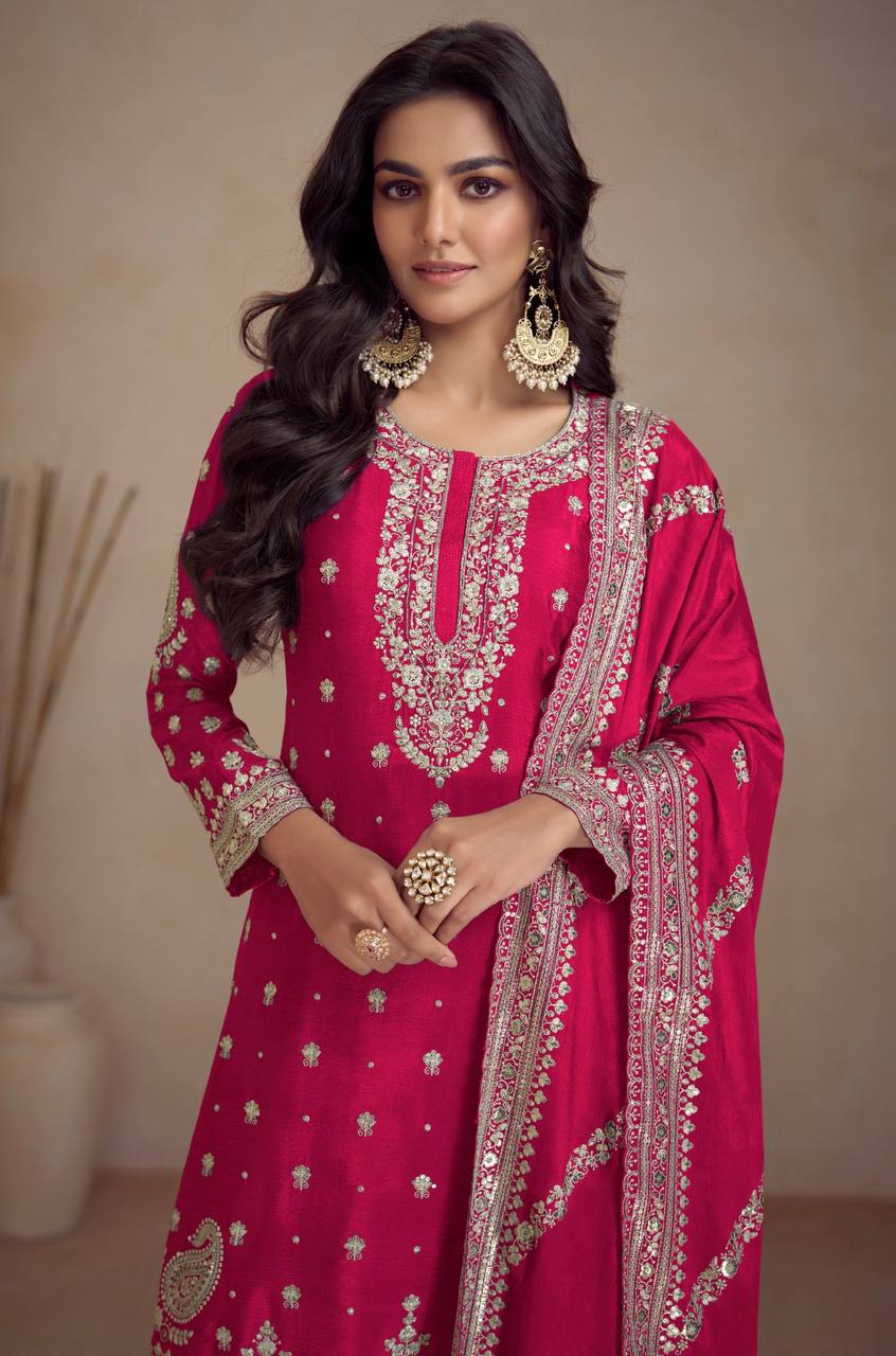 Dark Pink Elegant Embroidered Chinon Top & Bottom Set with Dupatta ClothsVilla