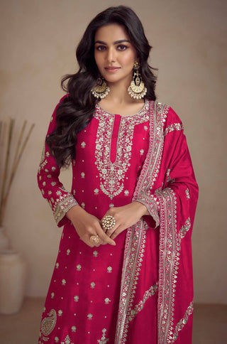 Dark Pink Elegant Embroidered Chinon Top & Bottom Set with Dupatta ClothsVilla