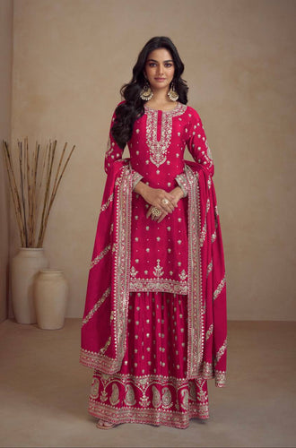 Dark Pink Elegant Embroidered Chinon Top & Bottom Set with Dupatta ClothsVilla