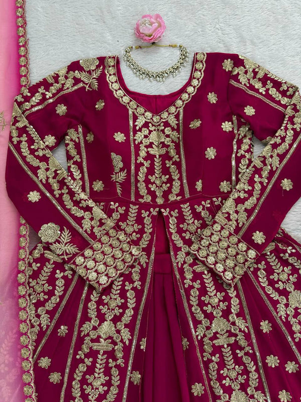 Dark Pink Elegant Faux Georgette Lehenga Choli Set with Thread & Sequin Work Digital Print Dupatta Ready-to-Wear ClothsVilla