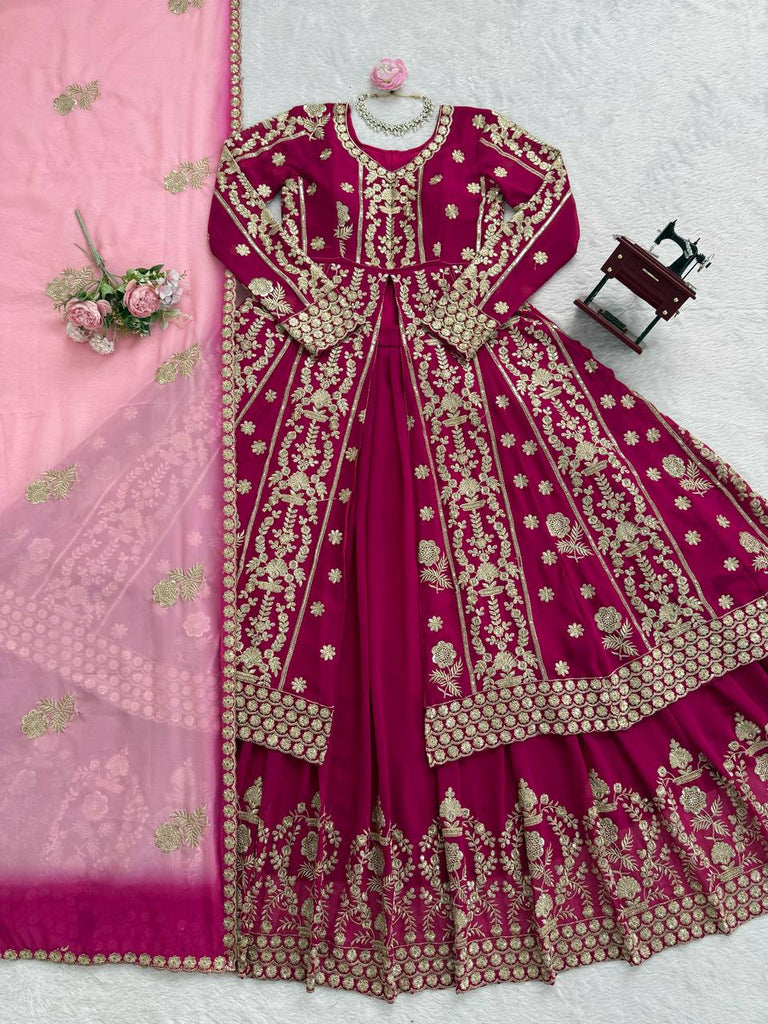 Dark Pink Elegant Faux Georgette Lehenga Choli Set with Thread & Sequin Work Digital Print Dupatta Ready-to-Wear ClothsVilla