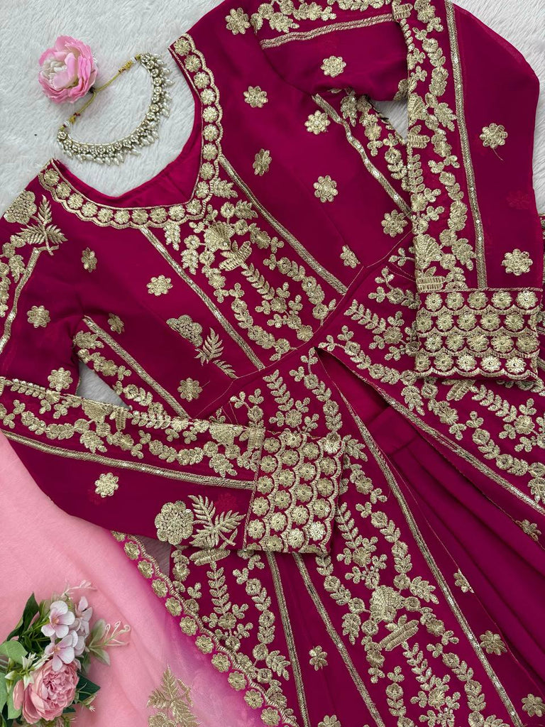 Dark Pink Elegant Faux Georgette Lehenga Choli Set with Thread & Sequin Work Digital Print Dupatta Ready-to-Wear ClothsVilla