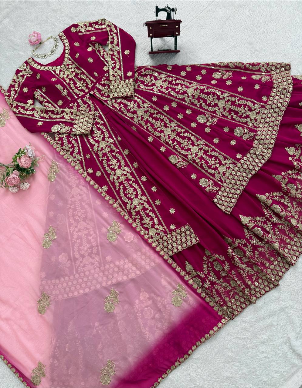 Dark Pink Elegant Faux Georgette Lehenga Choli Set with Thread & Sequin Work Digital Print Dupatta Ready-to-Wear ClothsVilla