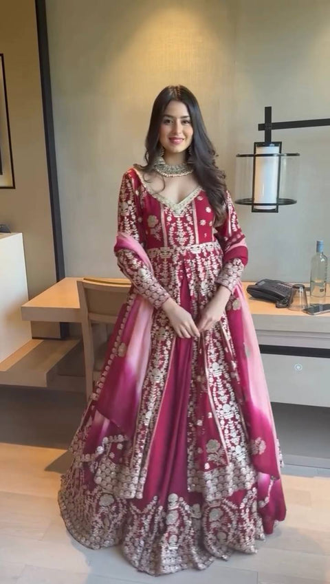 Dark Pink Elegant Faux Georgette Lehenga Choli Set with Thread & Sequin Work Digital Print Dupatta Ready-to-Wear ClothsVilla Main image