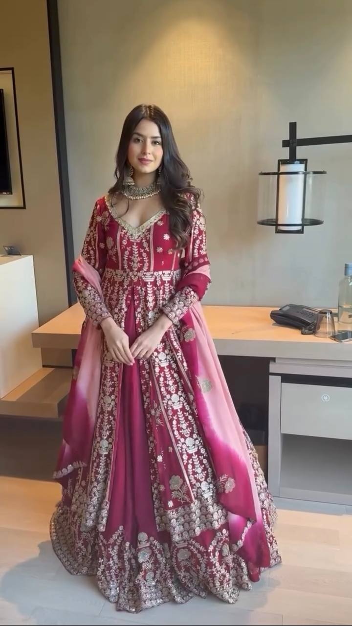 Dark Pink Elegant Faux Georgette Lehenga Choli Set with Thread & Sequin Work Digital Print Dupatta Ready-to-Wear ClothsVilla