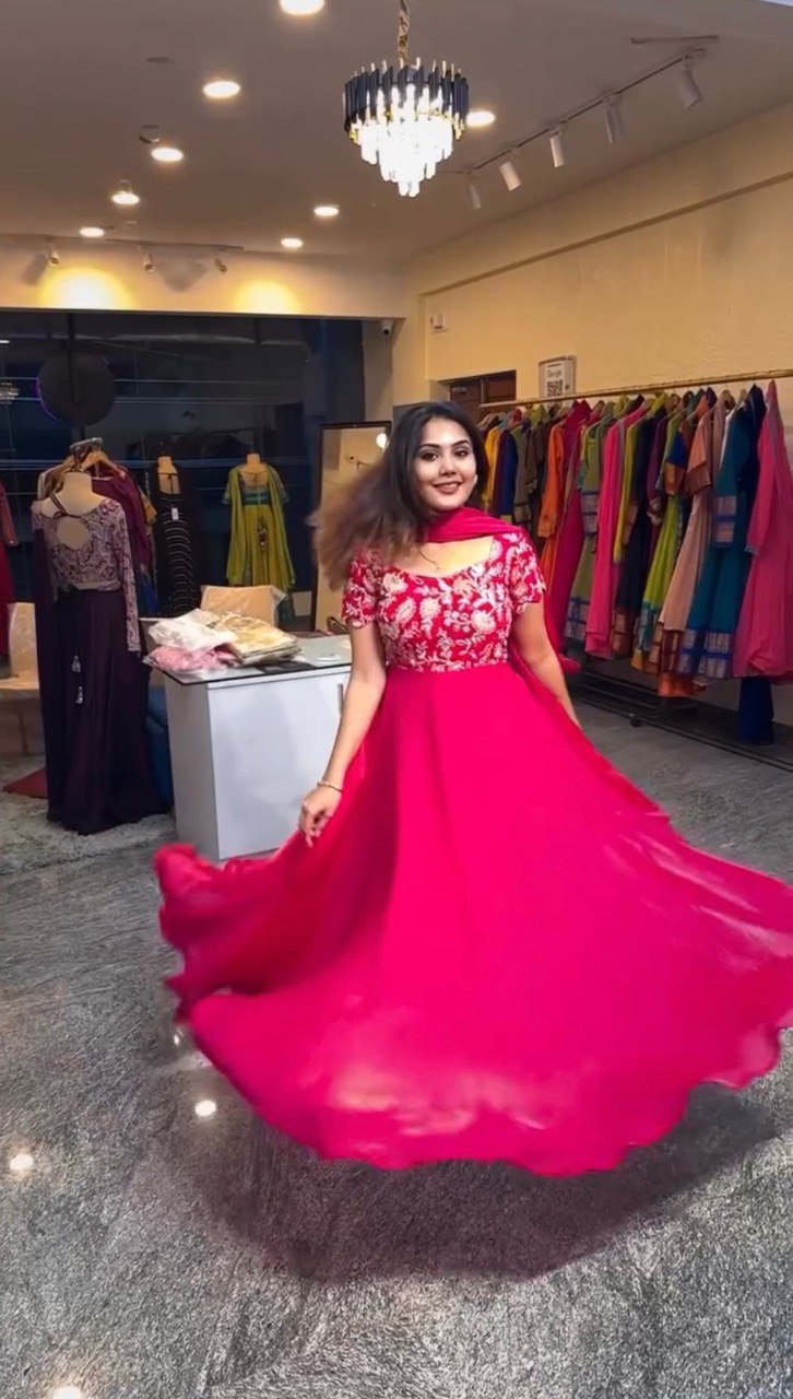 Dark Pink Elegant Heavy Natural Crepe Gown with Intricate Coding Dori & Sequin Work ClothsVilla