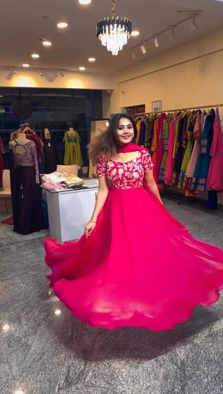 Dark Pink Elegant Heavy Natural Crepe Gown with Intricate Coding Dori & Sequin Work ClothsVilla