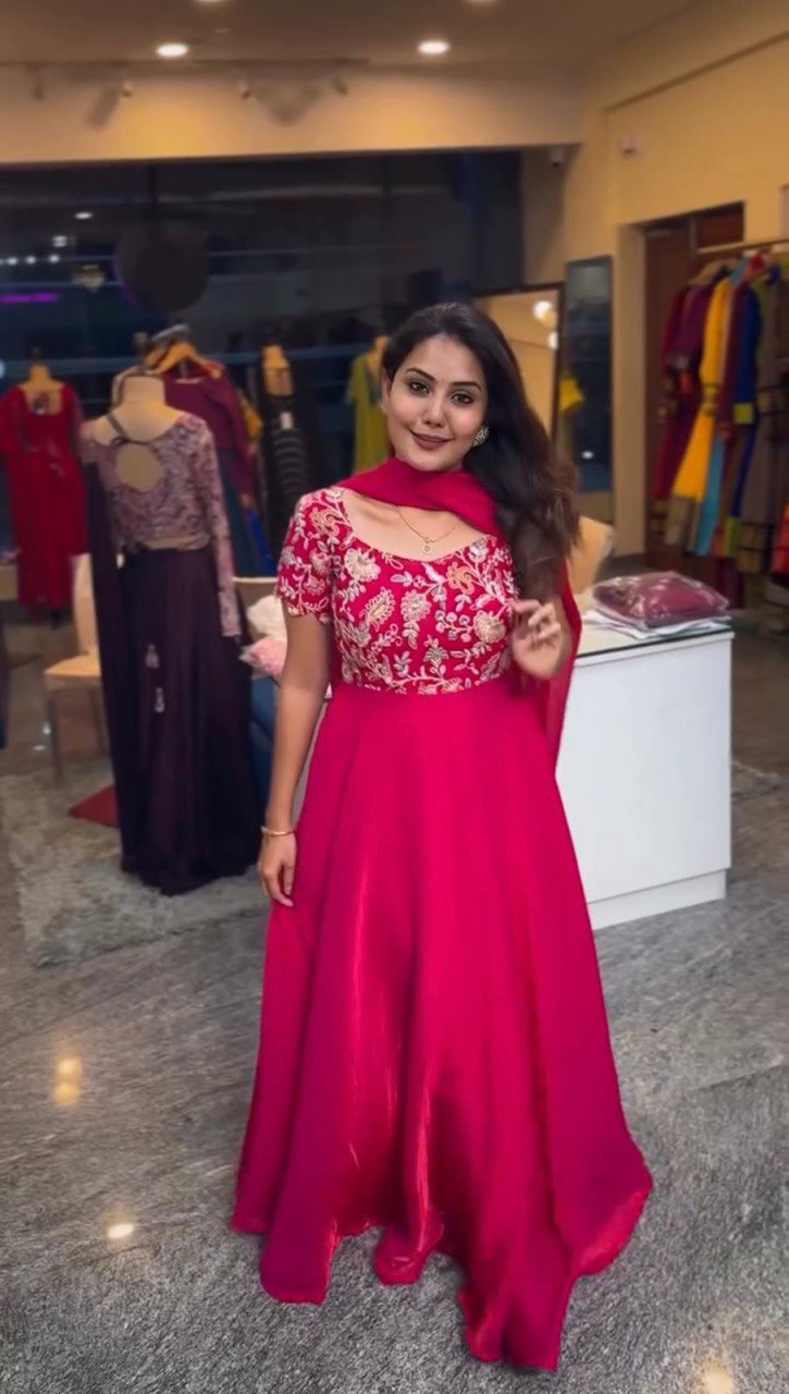 Dark Pink Elegant Heavy Natural Crepe Gown with Intricate Coding Dori & Sequin Work ClothsVilla Main image