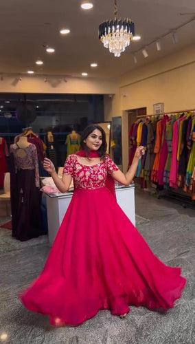 Dark Pink Elegant Heavy Natural Crepe Gown with Intricate Coding Dori & Sequin Work ClothsVilla