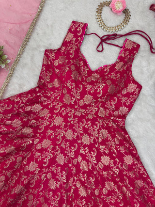 Dark Pink Elegant Jacquard Silk Weaving Suit Set with Dupatta