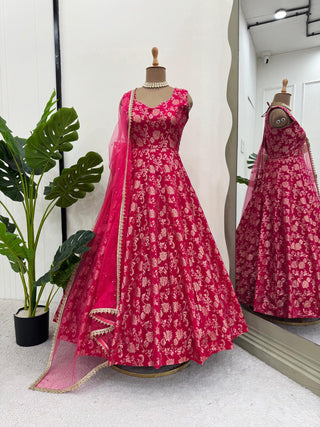 Dark Pink Elegant Jacquard Silk Weaving Suit Set with Dupatta
