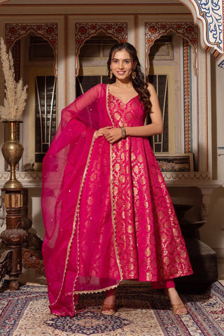 Dark Pink Elegant Jacquard Silk Weaving Suit Set with Dupatta