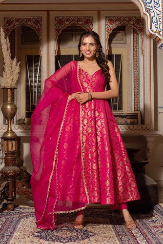 Dark Pink Elegant Jacquard Silk Weaving Suit Set with Dupatta