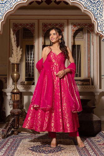 Dark Pink Elegant Jacquard Silk Weaving Suit Set with Dupatta