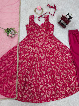 Dark Pink Elegant Jacquard Silk Weaving Suit Set with Dupatta