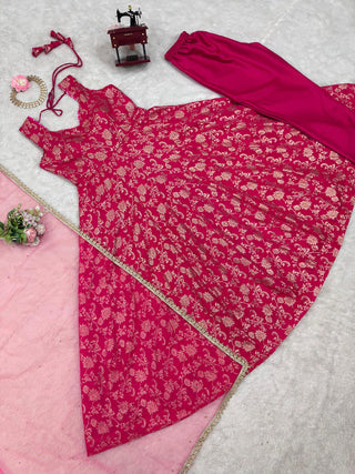 Dark Pink Elegant Jacquard Silk Weaving Suit Set with Dupatta