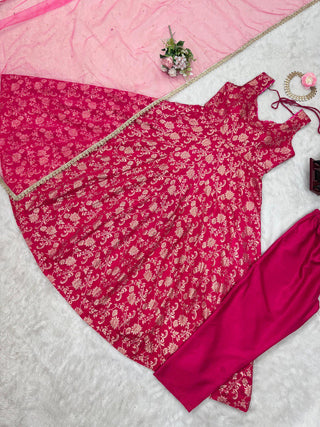 Dark Pink Elegant Jacquard Silk Weaving Suit Set with Dupatta