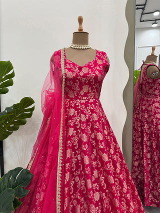 Dark Pink Elegant Jacquard Silk Weaving Suit Set with Dupatta