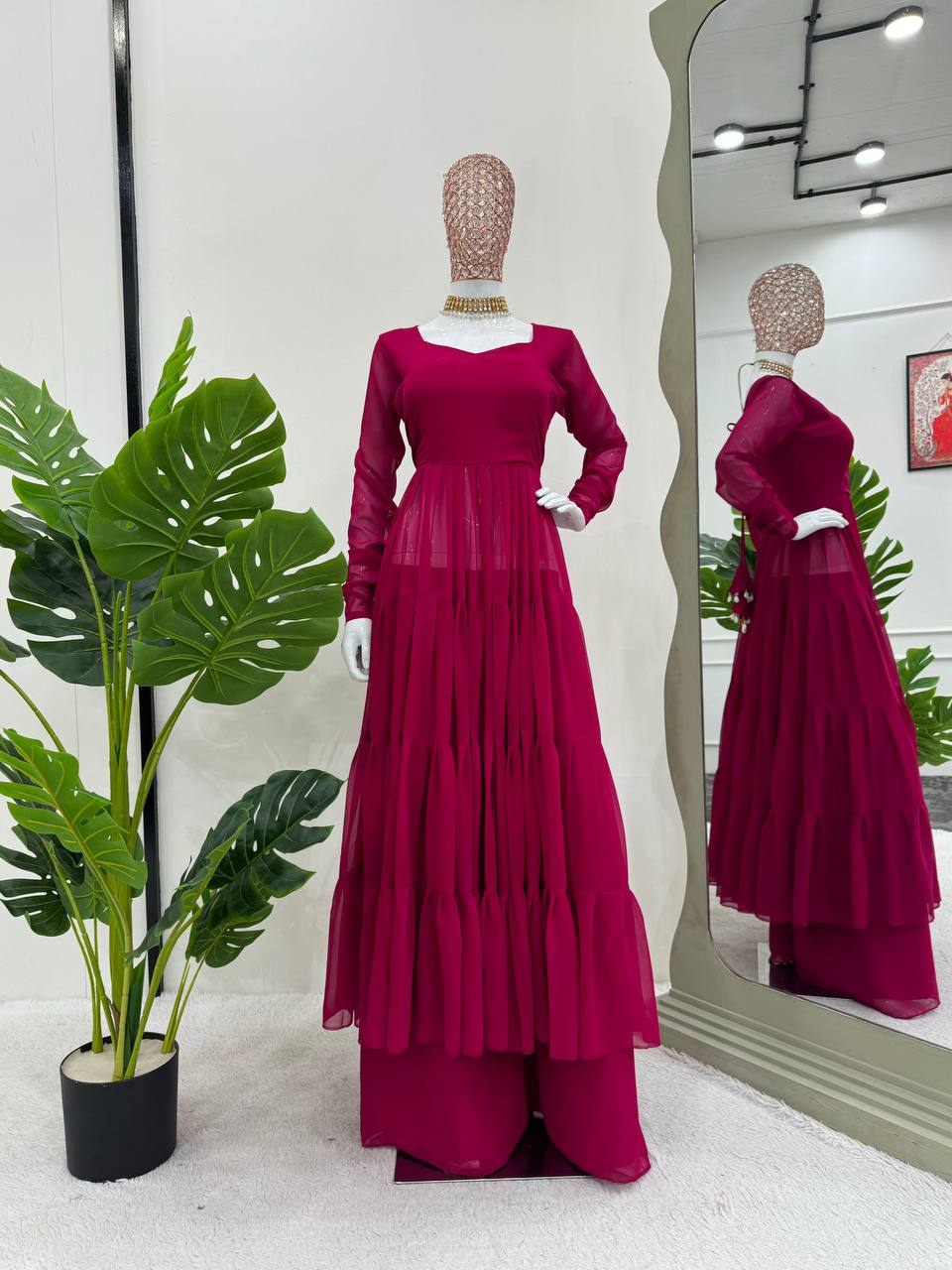 Dark Pink Elegant Ruffle Style Faux Georgette Plazo Set Clothsvilla
