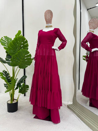 Dark Pink Elegant Ruffle Style Faux Georgette Plazo Set Clothsvilla