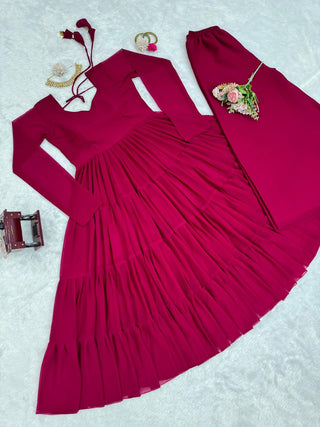 Dark Pink Elegant Ruffle Style Faux Georgette Plazo Set Clothsvilla