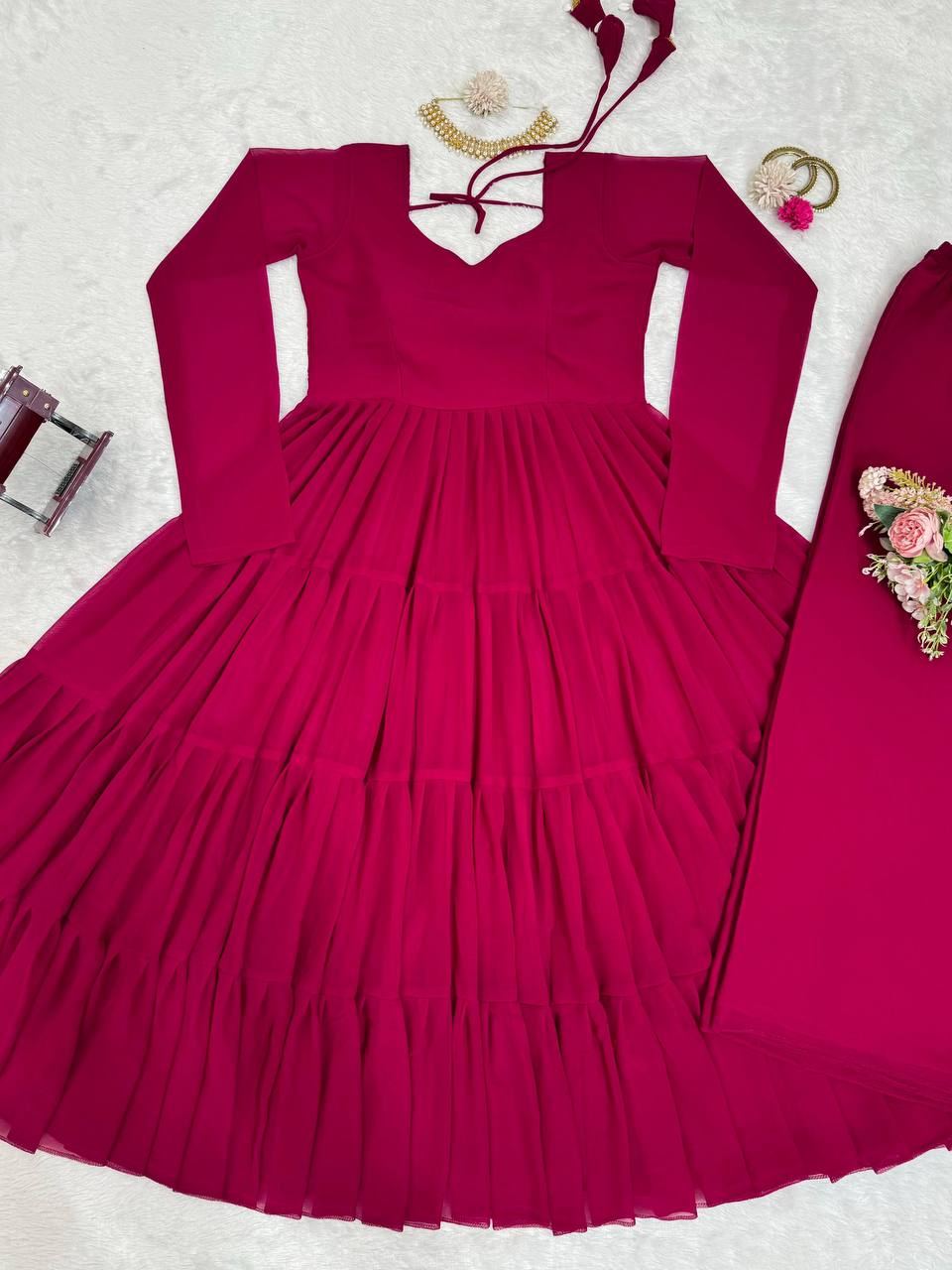 Dark Pink Elegant Ruffle Style Faux Georgette Plazo Set Clothsvilla