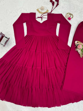 Dark Pink Elegant Ruffle Style Faux Georgette Plazo Set Clothsvilla