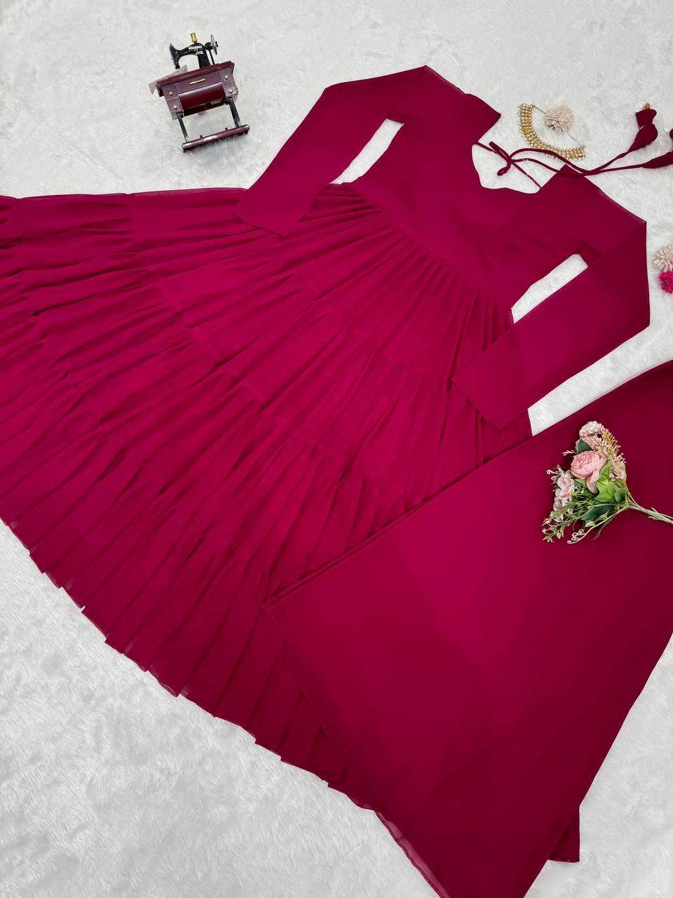Dark Pink Elegant Ruffle Style Faux Georgette Plazo Set Clothsvilla