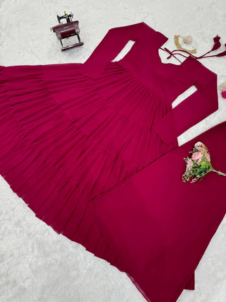 Dark Pink Elegant Ruffle Style Faux Georgette Plazo Set Clothsvilla