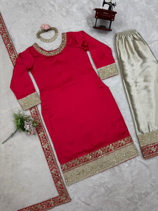 Dark Pink Elegant Satin Silk Ensemble