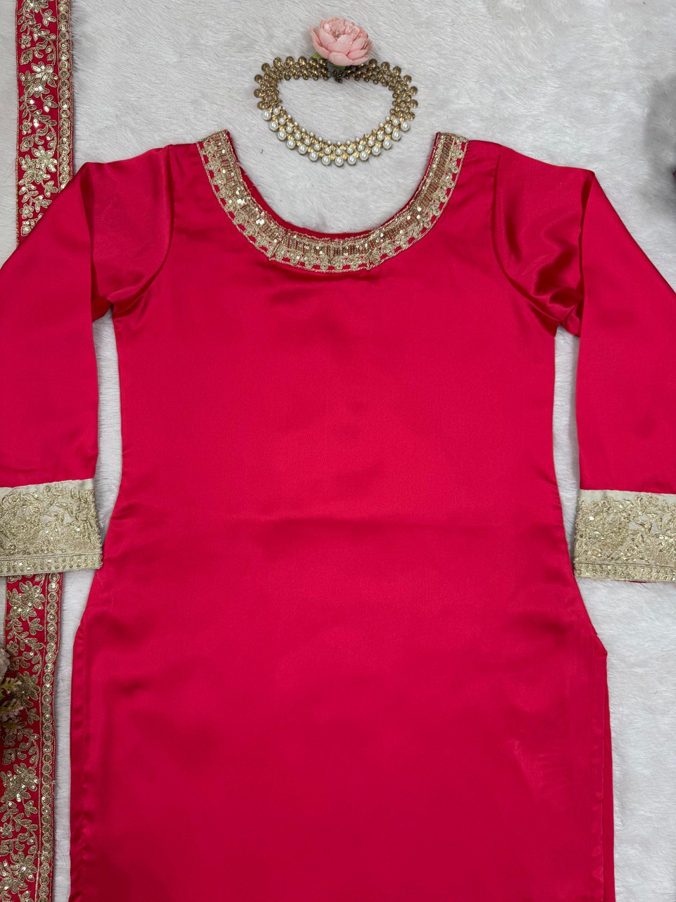 Dark Pink Elegant Satin Silk Ensemble