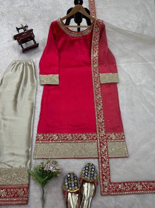 Dark Pink Elegant Satin Silk Ensemble