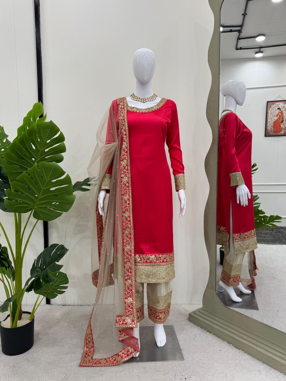 Dark Pink Elegant Satin Silk Ensemble