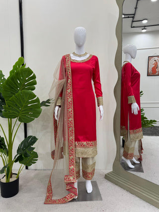 Dark Pink Elegant Satin Silk Ensemble