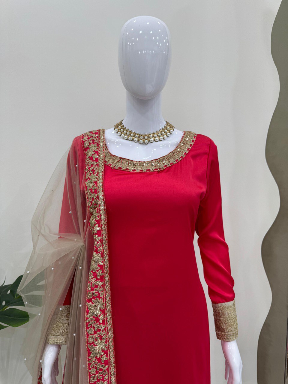 Dark Pink Elegant Satin Silk Ensemble