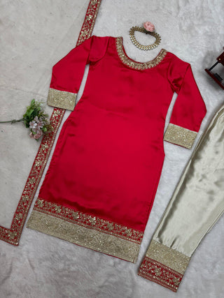 Dark Pink Elegant Satin Silk Ensemble