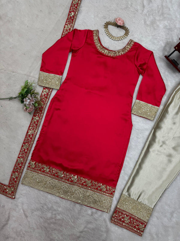 Dark Pink Elegant Satin Silk Ensemble