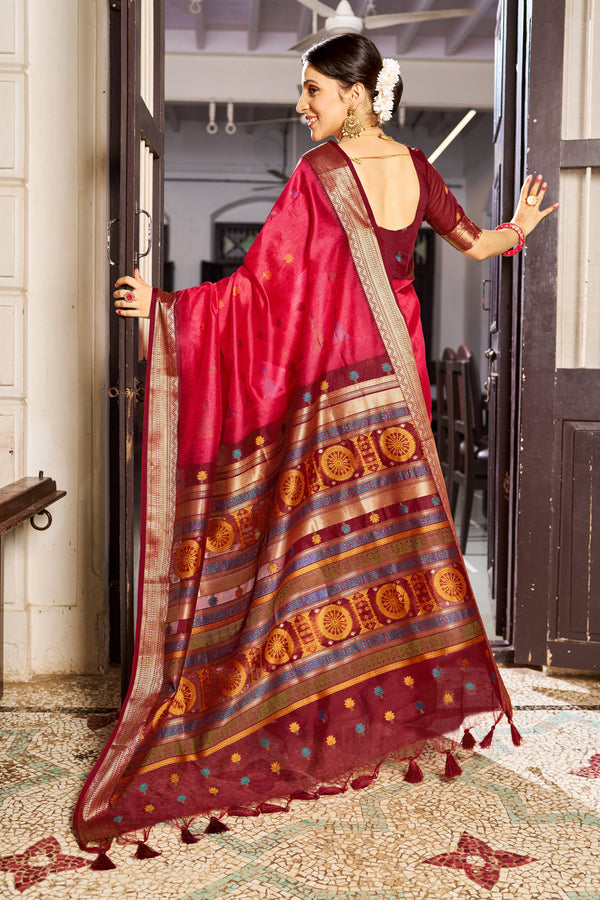 Dark Pink Elegant Slub Lilan Saree – Luxurious Semi Tussar Silk ClothsVilla